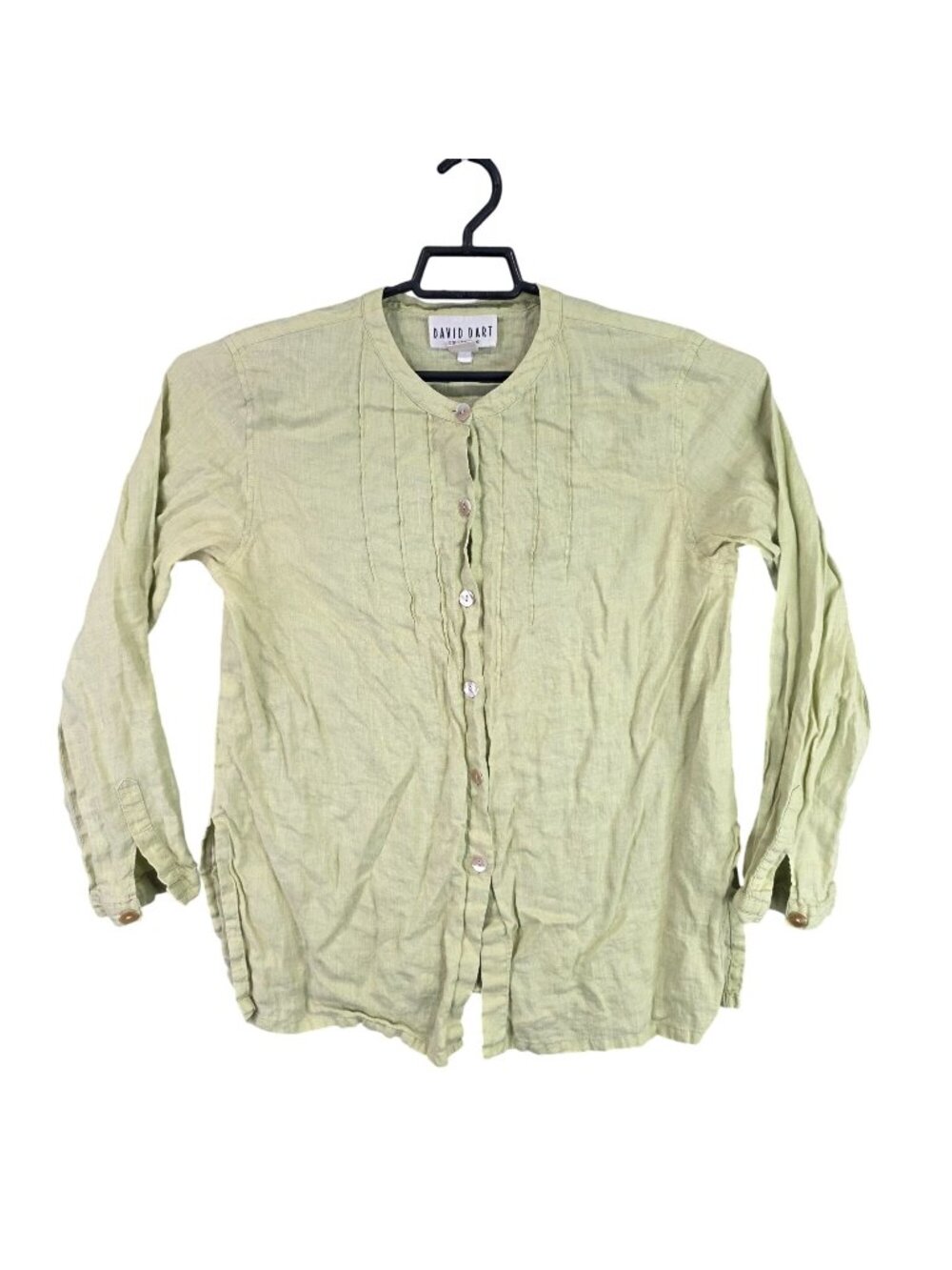 Womens David Dart Green 100% Linen Button Up Top Mandarin Collar Long Sleeve S